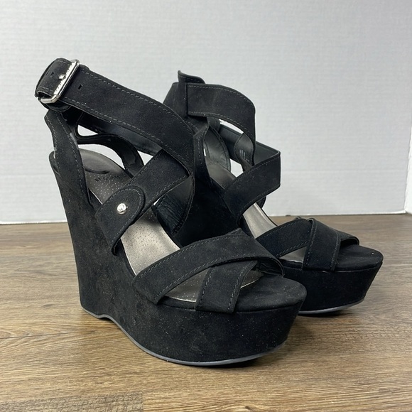 G by Guess Womens Heethe Black Faux Open Toe Wedge Heels Slingback Strappy sz 8 - Picture 3 of 14